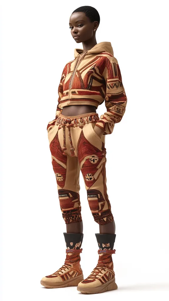 A young Black woman models a stylish outfit. The outfit features a brown and red patterned crop top and matching pants, both with intricate embroidered details. She wears high-top sneakers with the same pattern and matching patterned socks. The backdrop is a stark white, highlighting the bold details of the outfit.