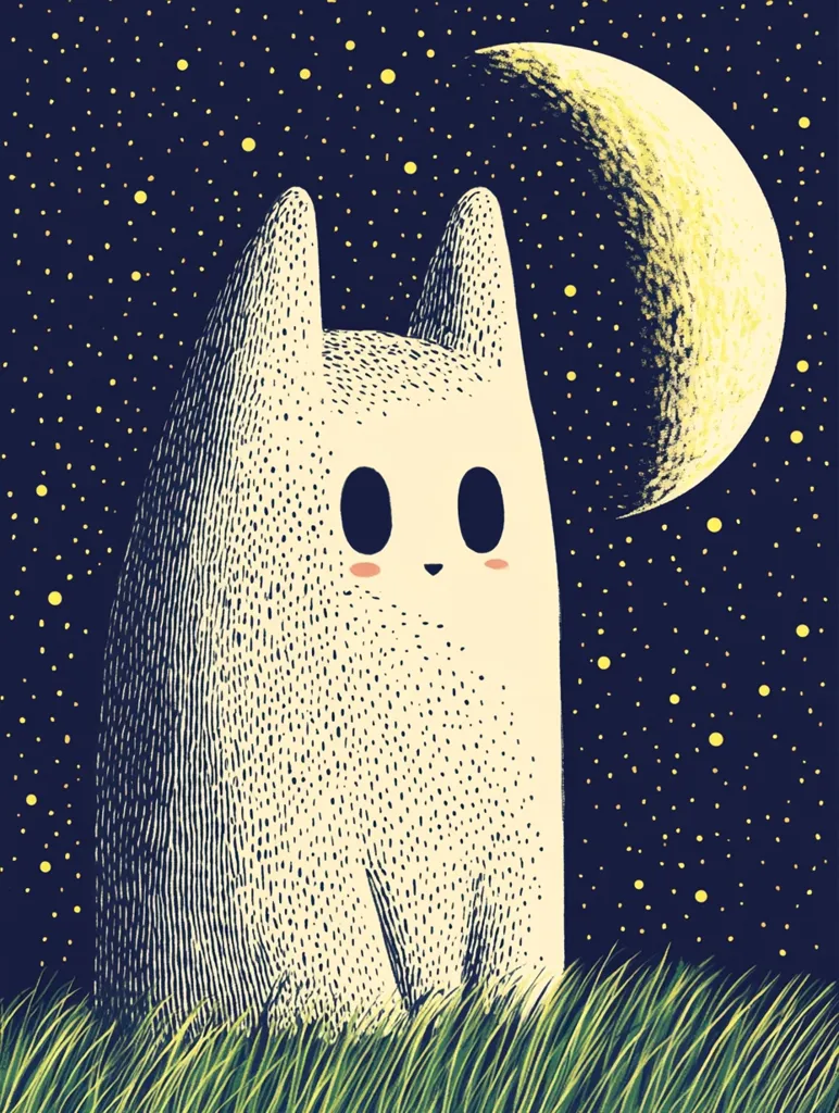 The image depicts a white, furry creature with large, round eyes and a small nose, standing in front of a crescent moon and a starry night sky. The creature is drawn in a simplistic style with black and white dots, creating a textured effect. It appears to be gazing up at the moon and stars, giving the image a whimsical and dreamy feel. The grass in the foreground adds depth and contrast to the scene.