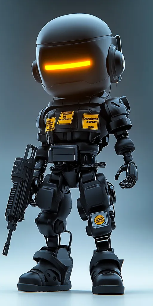A black and yellow robot stands with a gun in its left hand. The robot is humanoid with a large helmet and a glowing orange visor. It has yellow badges on its chest and leg, with a black belt and black boots. The robot is posed with its right leg forward and its right arm held up, looking ready for action. The robot is set against a plain, light grey background.