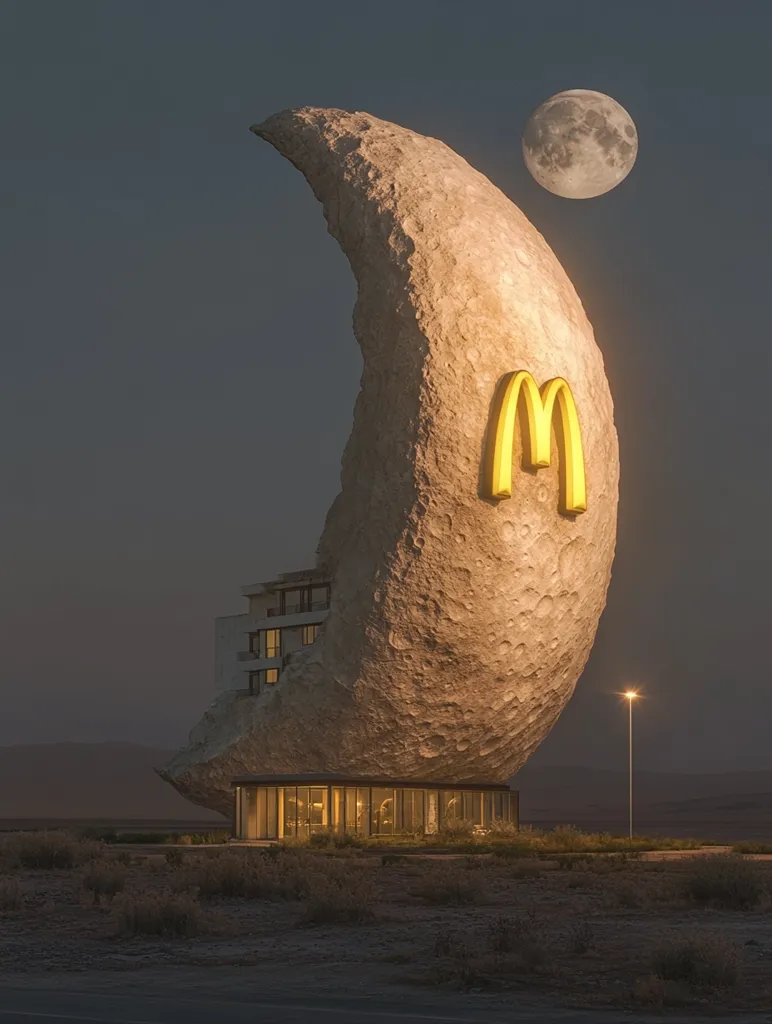 A crescent-shaped rock formation, resembling the moon, dominates the scene. It appears to be a building, with a large golden "M" on its surface. The rock is illuminated from within, creating a warm glow against the dark night sky. A full moon hangs high above, adding to the surreal and otherworldly ambiance. The scene is a masterful blend of natural and artificial elements, creating a captivating and thought-provoking image.