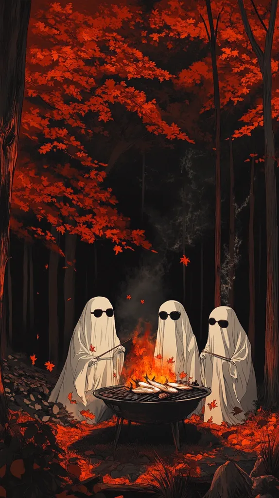 Three ghosts wearing sunglasses stand around a campfire in a dark forest.  The ground is covered in red autumn leaves. They are cooking fish on a grill over the fire.  A haunting and whimsical scene.