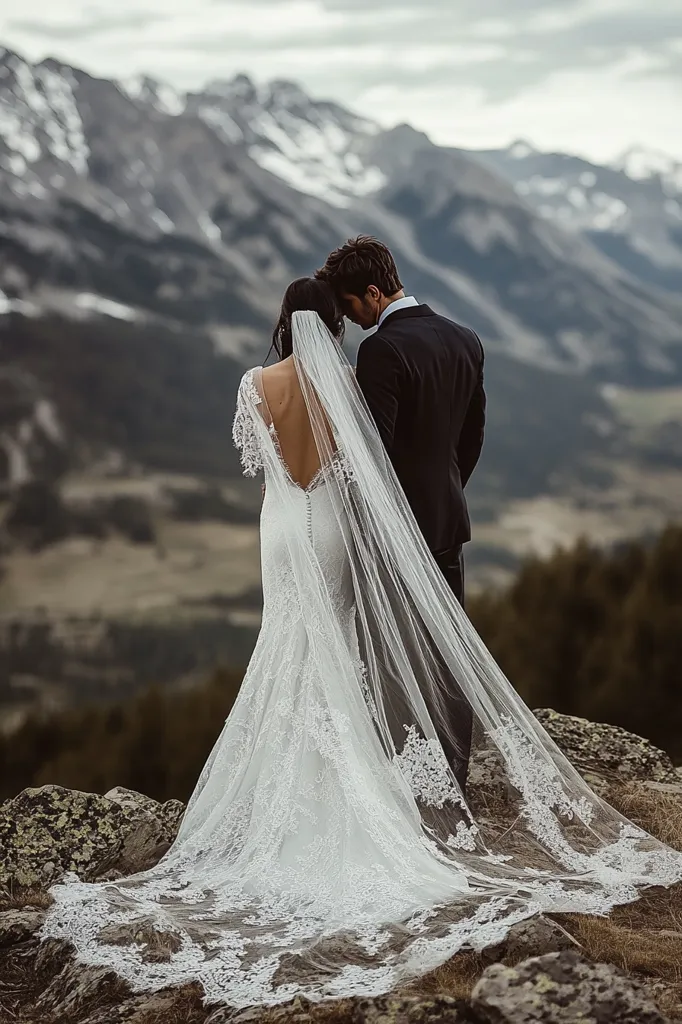 A bride and groom stand on a rocky mountaintop, gazing out at the snowy peaks in the distance. The bride wears a flowing white gown with a long veil, while the groom is dressed in a dark suit. The couple is silhouetted against the cloudy sky, creating a dramatic and romantic image.  The image captures the beauty of nature and the love shared between the couple.