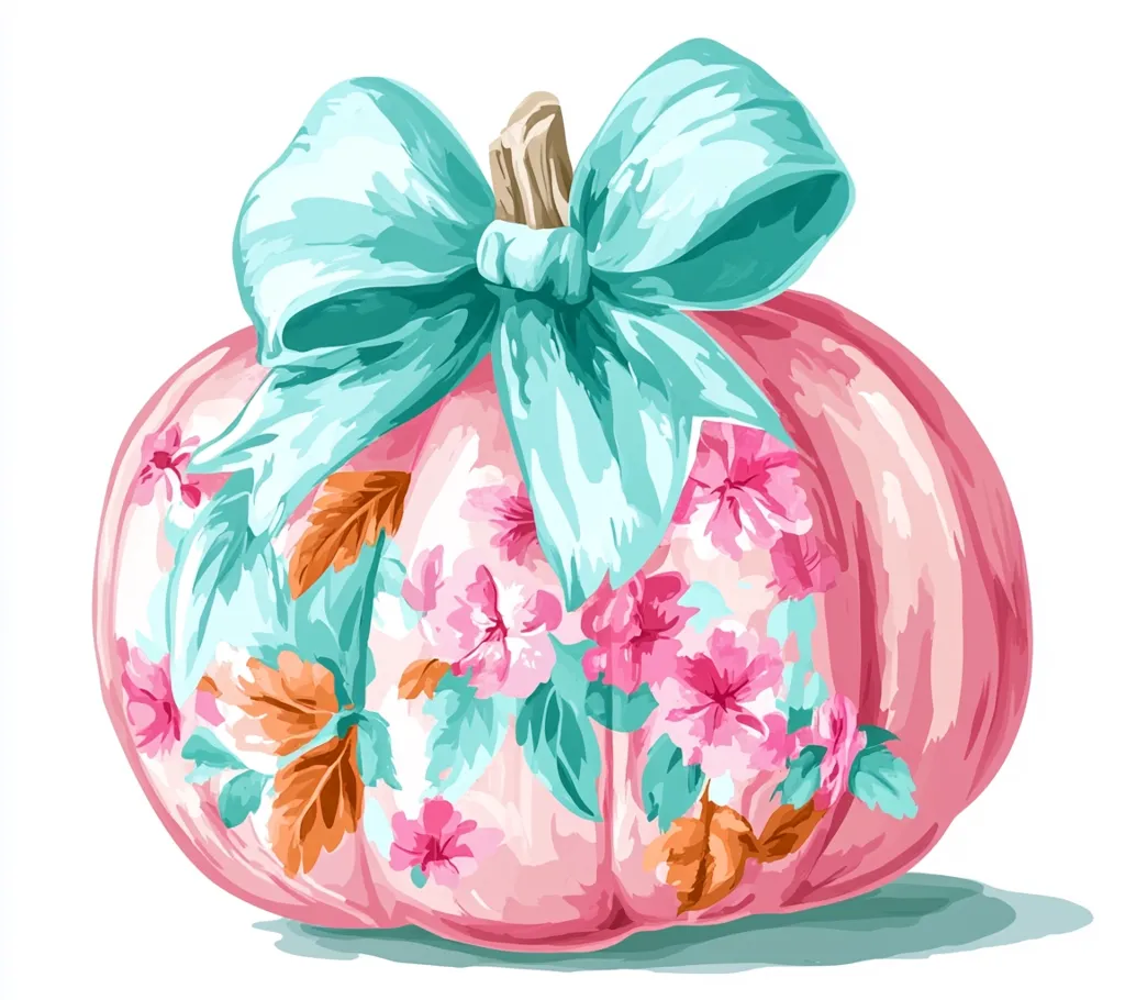 The image depicts a pink pumpkin with a large, teal bow. The pumpkin is adorned with a floral pattern of pink flowers and green leaves. The image is set against a white background and is painted in a watercolor style. The combination of pink, teal, and white creates a soft and feminine aesthetic.  The pumpkin appears to be a decorative element, potentially for a fall or autumn themed project.