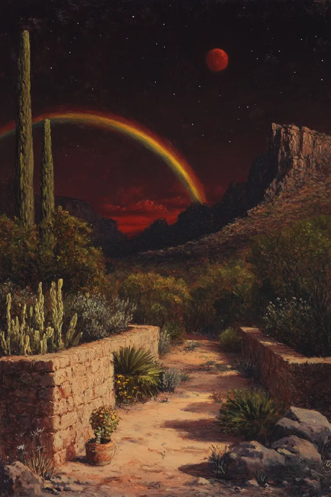 A desert landscape bathed in the warm glow of a setting sun. A rainbow arches over a distant mountain range, while a full moon shines brightly in the starry sky. A stone wall and cacti line the path in the foreground, leading towards a lush oasis.  The scene evokes a sense of tranquility and mystery.