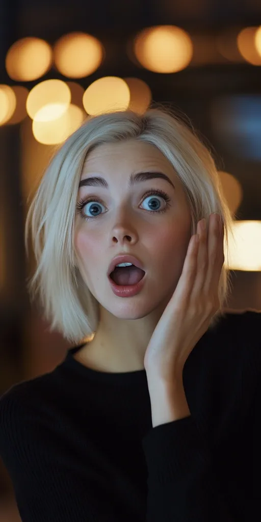 A young woman with blonde hair and blue eyes is shown with her mouth open in surprise. She has her hand on her cheek and is looking at something off camera. She is wearing a black sweater and is standing in front of a blurry background of lights. The image is soft and warm, and the woman's expression is one of genuine shock.