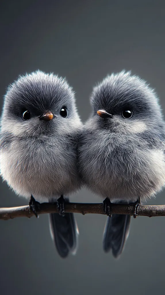 Two fluffy, grey birds with big, round eyes are perched on a branch. The birds are facing the camera, and their bodies are covered in soft, grey feathers. The birds are looking at the camera with a curious expression. The background is a soft grey color. The image evokes feelings of cuteness and innocence.