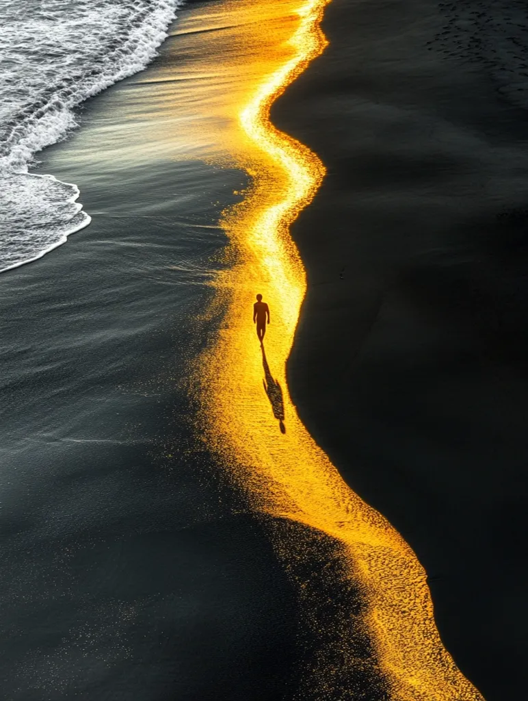 An aerial view of a black sand beach with a single person walking along a path of golden light. The light seems to be reflecting from the ocean waves. The contrast between the dark sand and the bright light creates a striking visual.