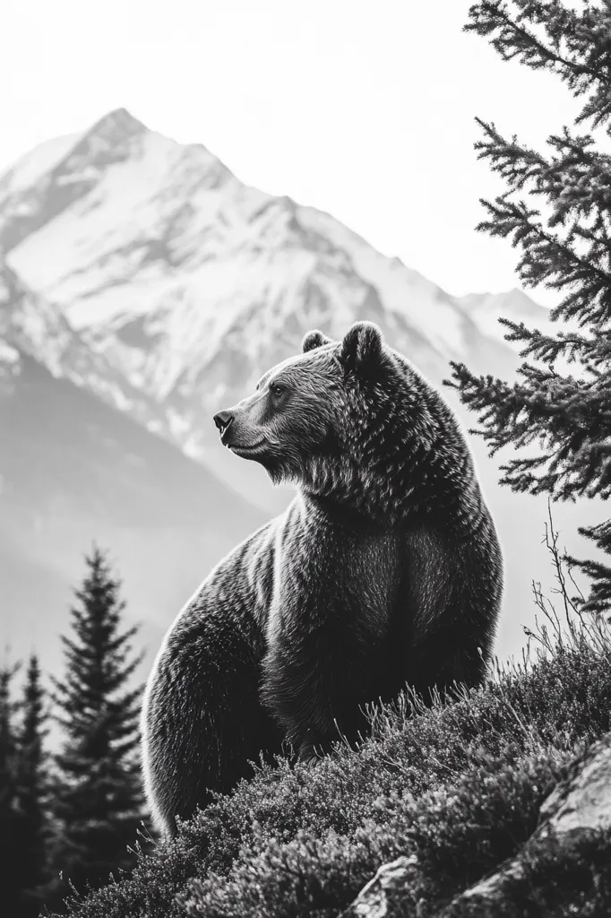 A large brown bear sits on a rocky hillside, looking off to the left. The bear's fur is thick and shaggy, and its face is alert. The background features a snow-capped mountain range and a tall evergreen tree on the right. The image is in black and white, creating a sense of mystery and wildness.