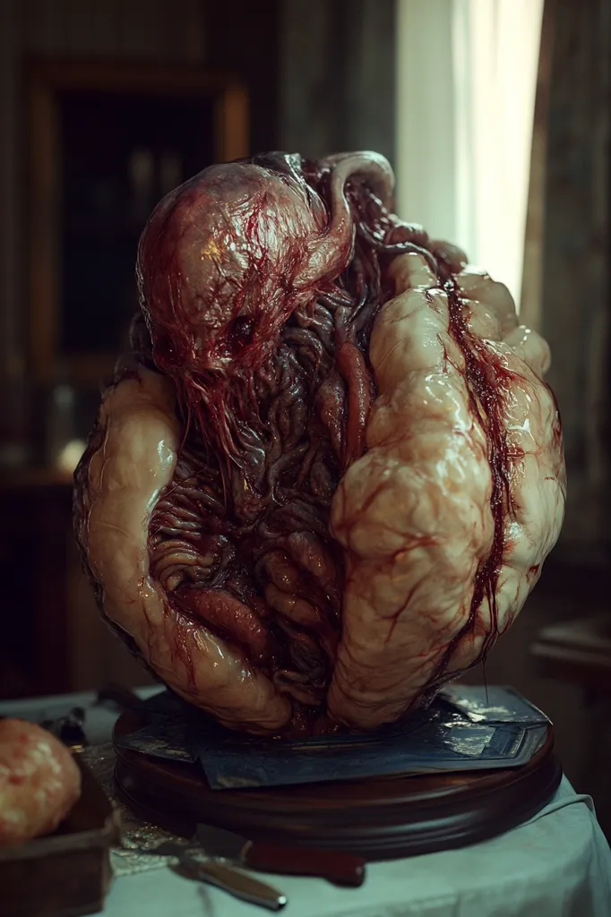 A grotesque, fleshy, alien creature is on display on a wooden pedestal. The creature is made up of pulsating, translucent flesh, with veins and internal organs visible. It has a gaping mouth and a fleshy, tentacled head. The creature sits on a table covered in a white tablecloth with a knife nearby. The background is a dimly lit room with a window. The image evokes a sense of horror and disgust.