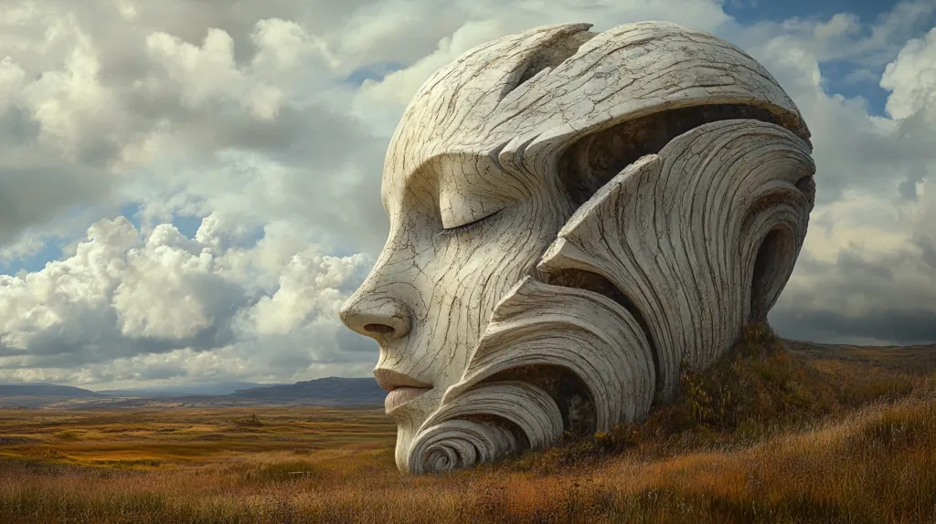 A large, weathered stone sculpture of a human face rests in a field of tall grass.  The face is carved in a layered, abstract style.  It is gazing upwards, with eyes closed.  The sky is a hazy blue, with fluffy, white clouds.  The overall feeling is one of peacefulness and contemplation.  The sculpture suggests a connection to nature and a timeless wisdom.