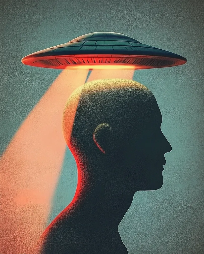 The image depicts a person's head in profile with a UFO hovering above, casting an orange light. The UFO is a classic flying saucer shape, and the person is rendered in a simple, stylized silhouette. The background is a textured blue-grey color. The image evokes a sense of mystery and the unknown, suggesting a possible encounter with extraterrestrial life.