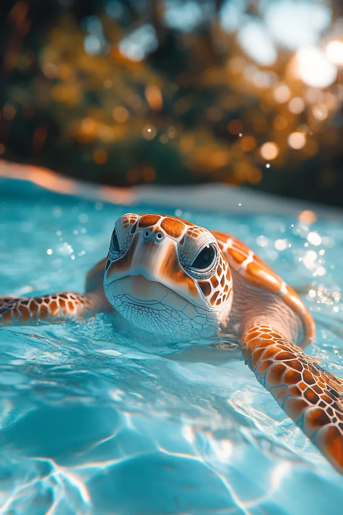 A sea turtle with a brown and orange shell swims through clear blue water. Its head is partially submerged, and its large, dark eyes are visible. The turtle's shell has a detailed, patterned texture. The background is blurry and out of focus, highlighting the turtle in the foreground. The image evokes a sense of tranquility and beauty found in the natural world.