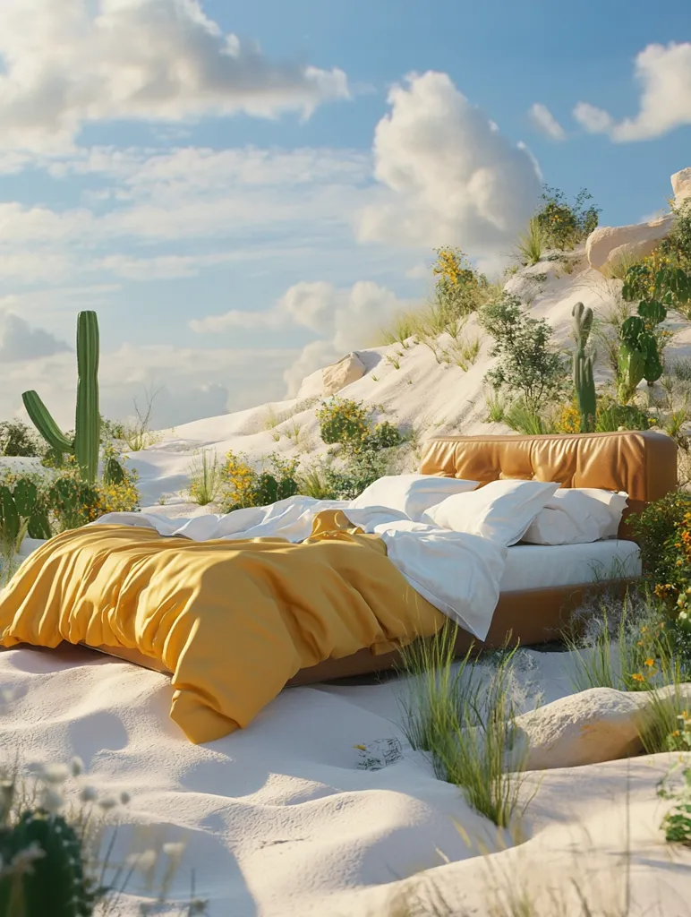 A bed with a yellow comforter sits in a sandy desert landscape.  The bed is made with white pillows and sheets, and the comforter is tucked in neatly.  The bed is surrounded by sand and small green plants.  The sky is blue and cloudy.  The setting sun creates a warm glow over the scene.