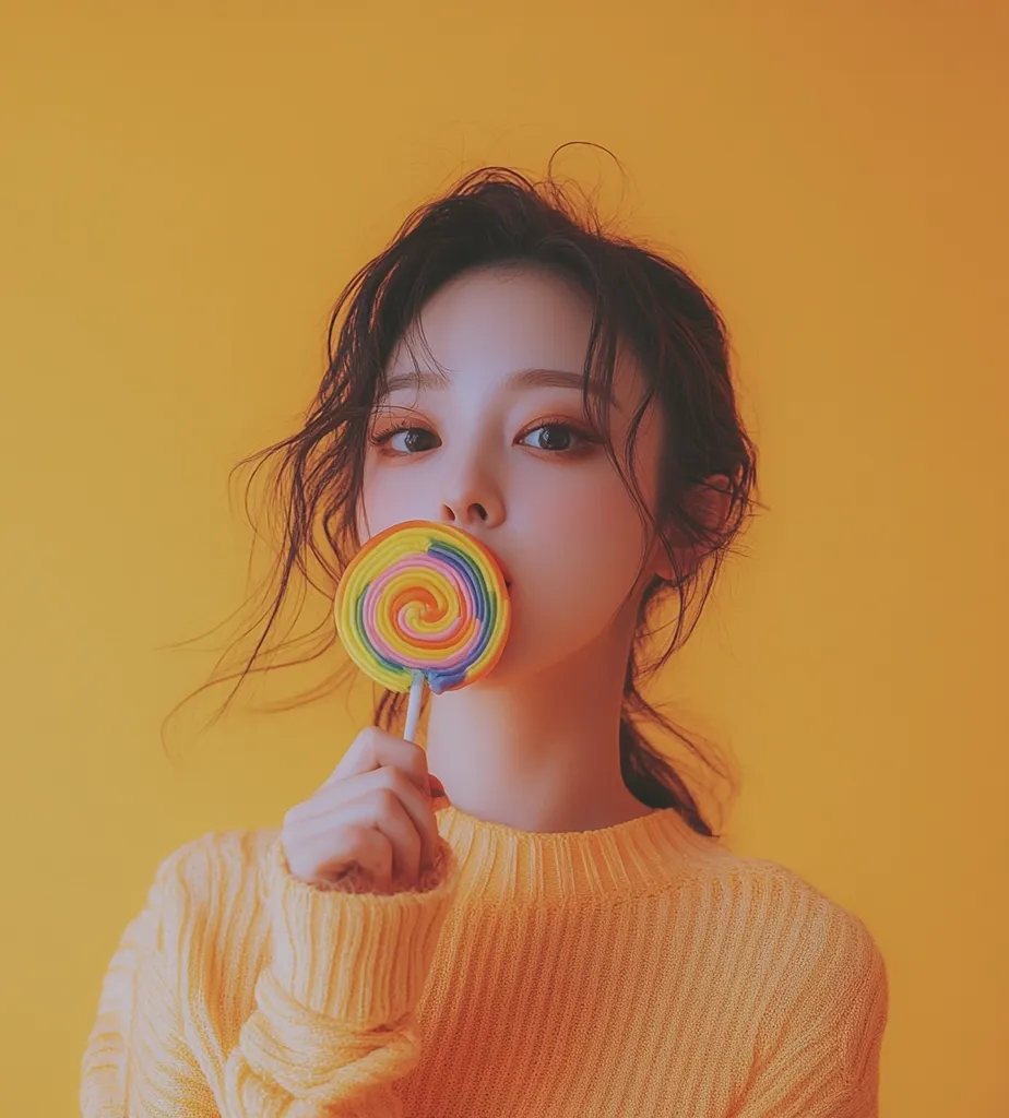 A young woman with dark hair, wearing a yellow sweater, holds a colorful lollipop in front of her mouth. The background is a bright yellow wall, creating a playful and vibrant mood. The image captures a moment of sweetness and youthful innocence.  Her expression is soft and dreamy, suggesting a sense of carefree joy.