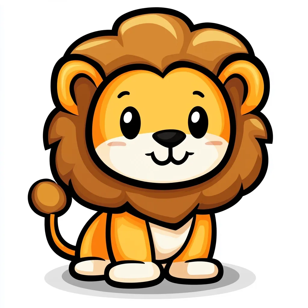 The image is a cartoon illustration of a cute baby lion. It has a brown mane, a large head with big, innocent eyes and a small nose, and a bright orange body. The lion is sitting on its haunches, with its paws visible. It has a cheerful expression, making it seem friendly and playful. The overall design is simple and colorful, making it appealing to children.