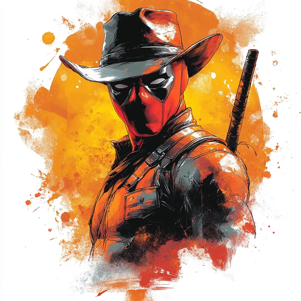 The image depicts Deadpool in a cowboy hat and jacket, standing with a katana sword behind his back. He has a serious expression on his face, with his eyes narrowed. The background is a splash of orange and yellow watercolor paint, creating a dramatic and stylized effect.
