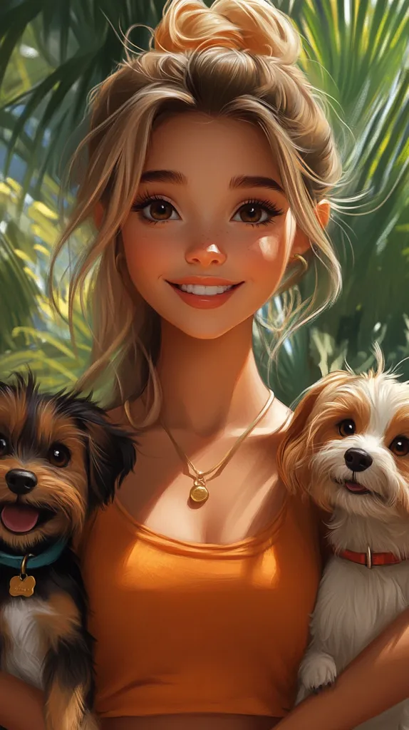 A young woman with long blonde hair tied up in a bun, wears a bright orange tank top and gold necklace. She smiles brightly as she holds two small dogs, one brown and black, and the other white with brown patches.  The woman's happy face and the playful dogs suggest a fun-filled day. The background features lush green foliage, perhaps a tropical setting.