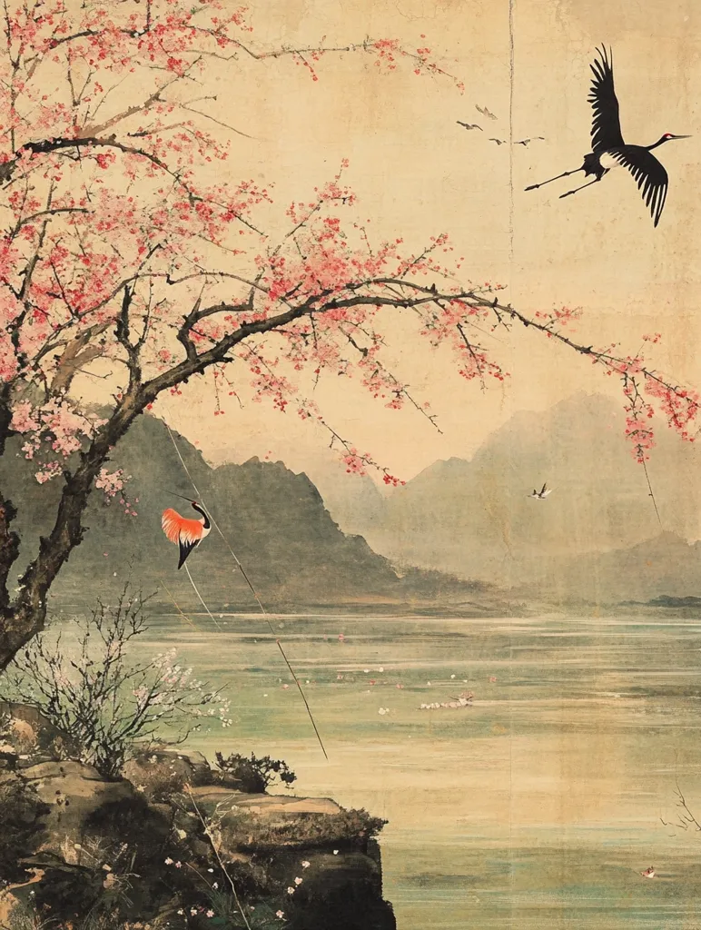 The image is a traditional Japanese painting.  A large cherry blossom tree with delicate pink flowers hangs over a calm lake.  A black crane flies in the upper right corner.  A smaller red bird perches on a thin branch in the foreground, extending out over the lake.  The water is green and the mountains in the distance are a soft gray.  The painting has a peaceful, serene quality.
