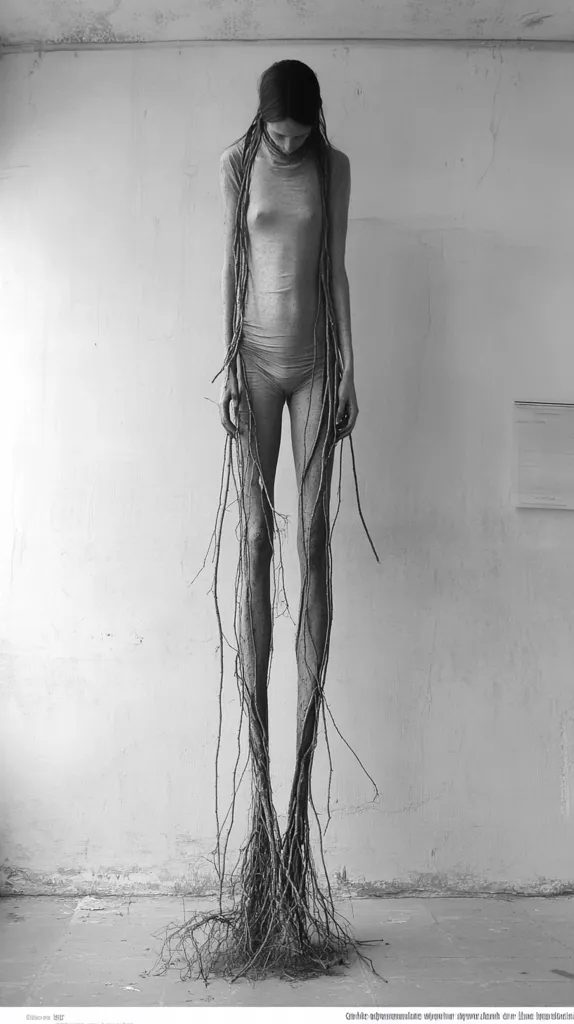 A black and white image of a woman standing in front of a white wall. Her legs are covered in thin vines that extend from the ground. The woman's hair is long and straight. The image is dark and mysterious. The woman's expression is somber, and her eyes are downcast. The vines seem to be growing out of her legs, as if she is becoming one with the earth. The overall mood is one of sadness and isolation.