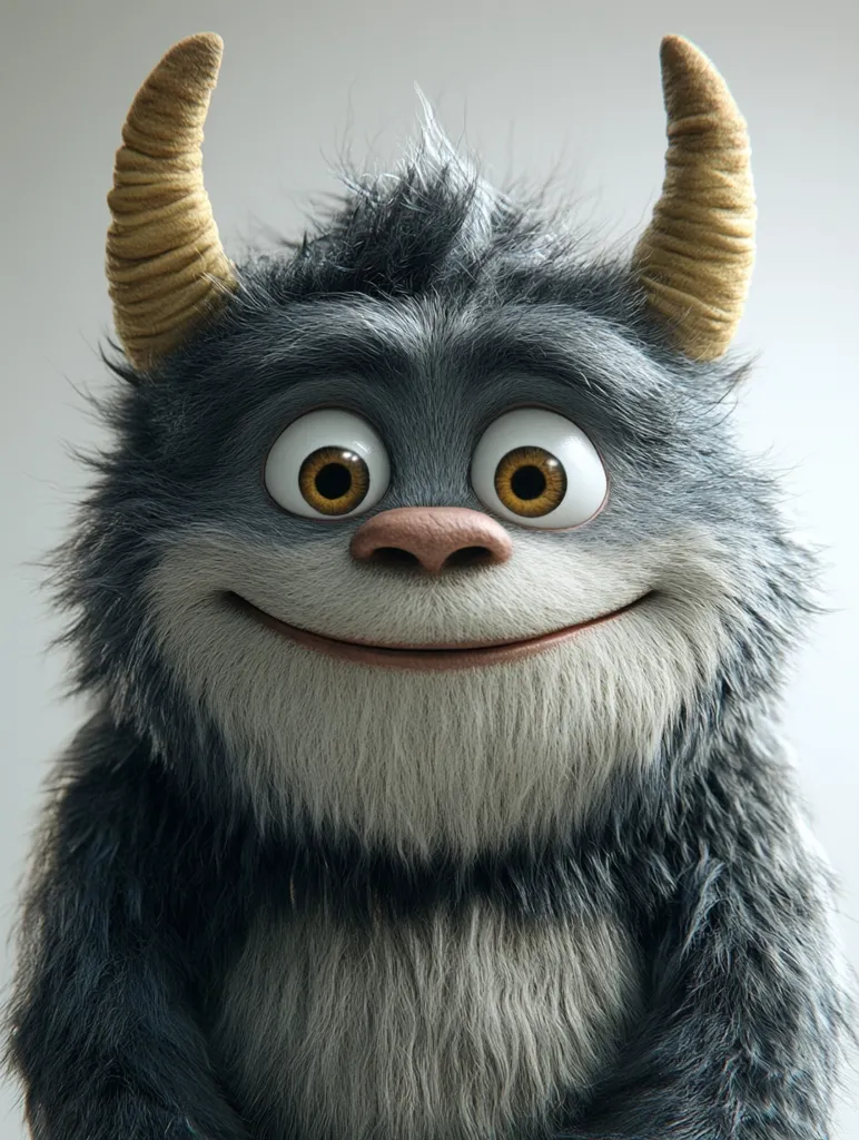 A fluffy, cartoon monster with large, brown eyes and a wide, toothy grin. It has a light gray, furry body, with a dark gray, shaggy mane around its head. Its horns are long and curved, a light brown color, and it has a pink nose. The monster appears friendly and playful.