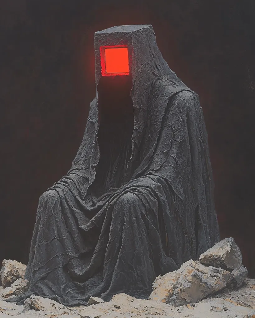 A cloaked figure sits in a desolate landscape, its head covered by a dark, rough-textured hood. A glowing red square illuminates the figure's face, creating an eerie and mysterious effect. The figure's body blends into the surrounding rocks and debris, suggesting a sense of isolation and detachment. The overall impression is one of otherworldly presence and enigmatic silence.