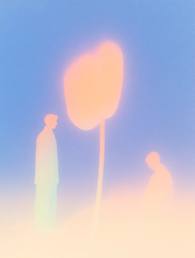 The image shows two figures in silhouette, standing in a field with a large, round, glowing object behind them. The sky is a pale blue and the ground is a soft yellow. The figures are blurry and indistinct, and the overall mood of the image is dreamlike and ethereal.