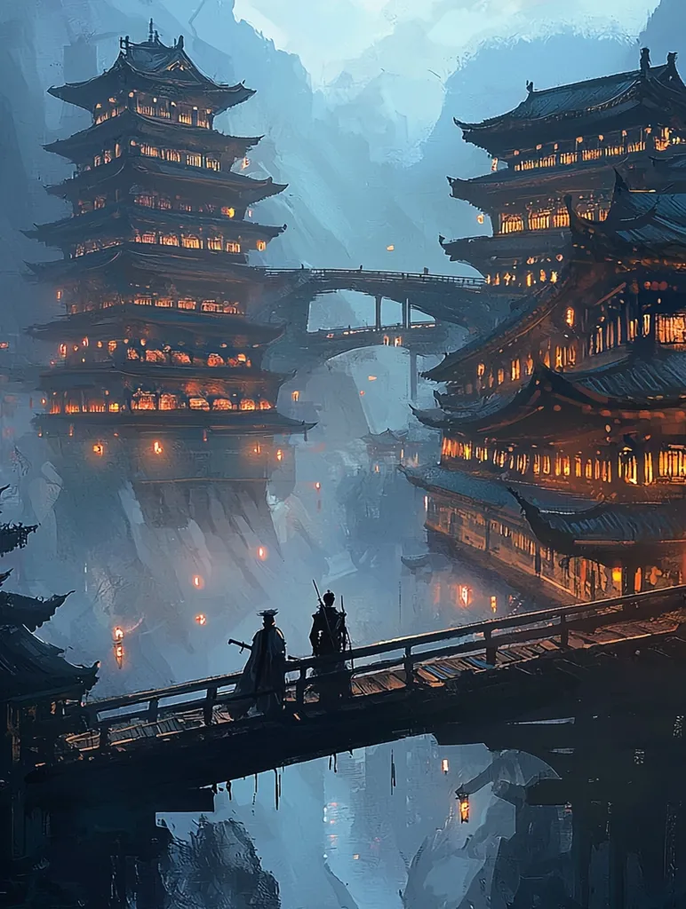 The image depicts a misty, ancient Japanese city with two towering pagodas.  The buildings are intricately designed with wooden beams and tiled roofs. A wooden bridge connects the two pagodas, and two figures stand on it, their silhouettes obscured by the haze. The scene is lit by a warm glow from the windows and lanterns, creating an ethereal and mystical atmosphere.