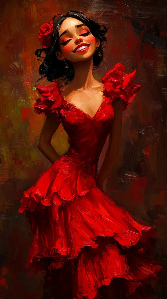 The painting depicts a woman with dark hair wearing a vibrant red dress with frills and a red rose in her hair.  She is smiling and has a warm, inviting expression. The painting has a painterly style, with visible brushstrokes and rich colors. The woman stands against a warm, dark background.  The overall feeling of the painting is joyful and passionate.