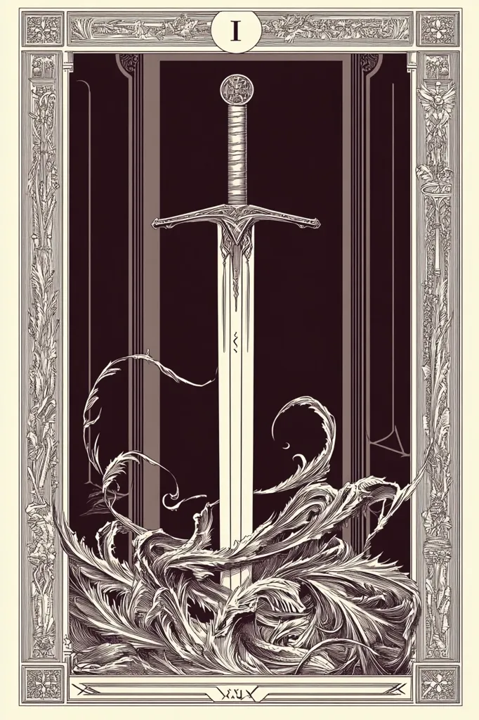 The image is a black and white illustration of a sword. The sword is depicted in a decorative frame, with ornate details and intricate patterns surrounding it. The sword stands tall and proud, with a sharp point and a long, straight blade. The background is dark and mysterious, creating a sense of power and danger. The image suggests a story of bravery and strength, with the sword symbolizing a weapon of great power.