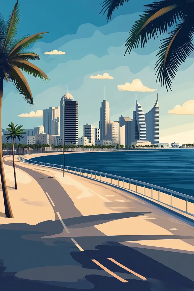 The image depicts a beautiful cityscape with tall buildings lining the waterfront. A palm tree frames the scene, its leaves reaching towards a bright blue sky dotted with fluffy white clouds. In the foreground, a paved road curves along the edge of the waterfront, bordered by a low metal railing. The road leads towards the cityscape, inviting the viewer to explore this picturesque urban paradise. The water shimmers in shades of blue, reflecting the sun's rays, creating a serene and tranquil atmosphere.  The image captures the essence of a vibrant city by the sea.