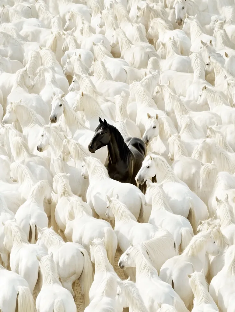 A single black horse stands out amongst a vast crowd of white horses. The black horse, with its glossy coat and strong physique, is a striking contrast to the white sea surrounding it. The image captures a moment of individuality and difference in a uniform setting. The black horse's presence adds a sense of mystery and intrigue to the scene.