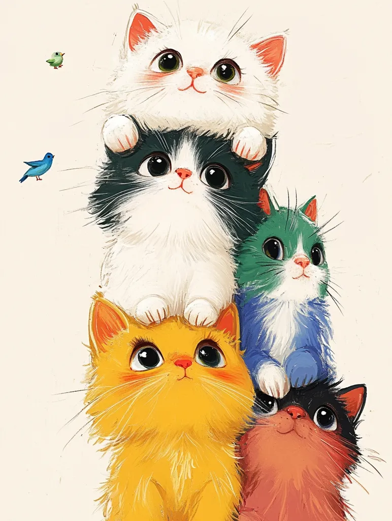 Four cute kittens are stacked on top of each other. The top kitten is white with pink ears and green eyes, the second is black and white with big eyes, the third is blue and green with a pink nose, and the bottom kitten is orange with a bright orange nose. Two small birds are flying above them.  The image is drawn in a cartoon style with soft colors and rounded shapes.  The kittens are looking up at the viewer with big, innocent eyes.  The image evokes feelings of joy, happiness, and playfulness.