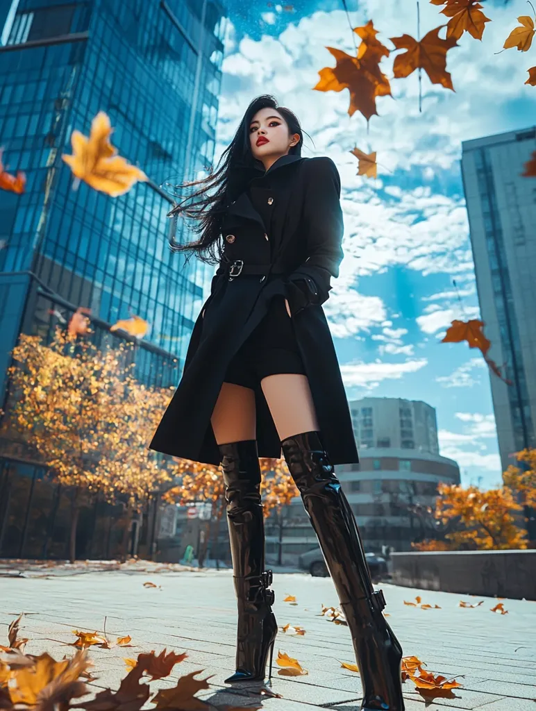 A woman in a black coat and thigh-high boots stands on a sidewalk with fallen leaves around her. She has long black hair, red lipstick, and is looking directly at the camera. The background is a cityscape with tall buildings and a blue sky with white clouds. The image has a moody and stylish aesthetic.