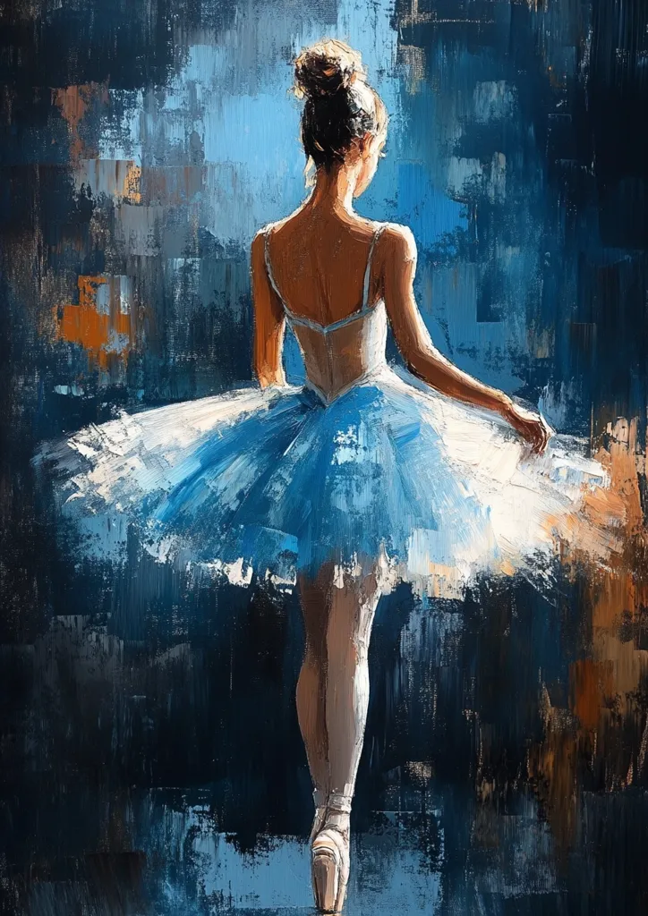 The painting depicts a ballerina in a blue and white tutu, standing in a dark blue room with her back to the viewer. The ballerina is lit from behind, creating a halo effect around her. The painting is done in a painterly style, with loose brushstrokes and a focus on capturing the movement of the ballerina. The overall effect is graceful and ethereal.