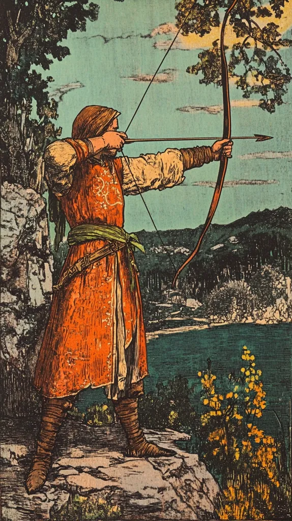 A man in a red and gold robe stands on a rocky cliff, drawing a bow and arrow. He is looking intently at a target off-screen.  The bow is bent, the string is taut, and the arrow is pointing towards the target. Behind him, a body of water stretches into the distance, with a hilly landscape in the background. The sky is a hazy blue, with white clouds. The man is a skilled archer, ready to unleash his arrow.  The image has a vintage, illustrated style.