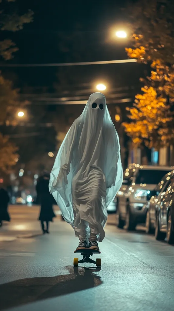 A figure dressed as a ghost, with a white sheet draped over their head, rides a skateboard down a city street at night. Streetlights illuminate the scene, casting a warm glow on the asphalt. Cars are parked along the sides of the street, adding to the urban setting. The ghost's determined expression suggests they're on a mission, gliding through the night with effortless grace.