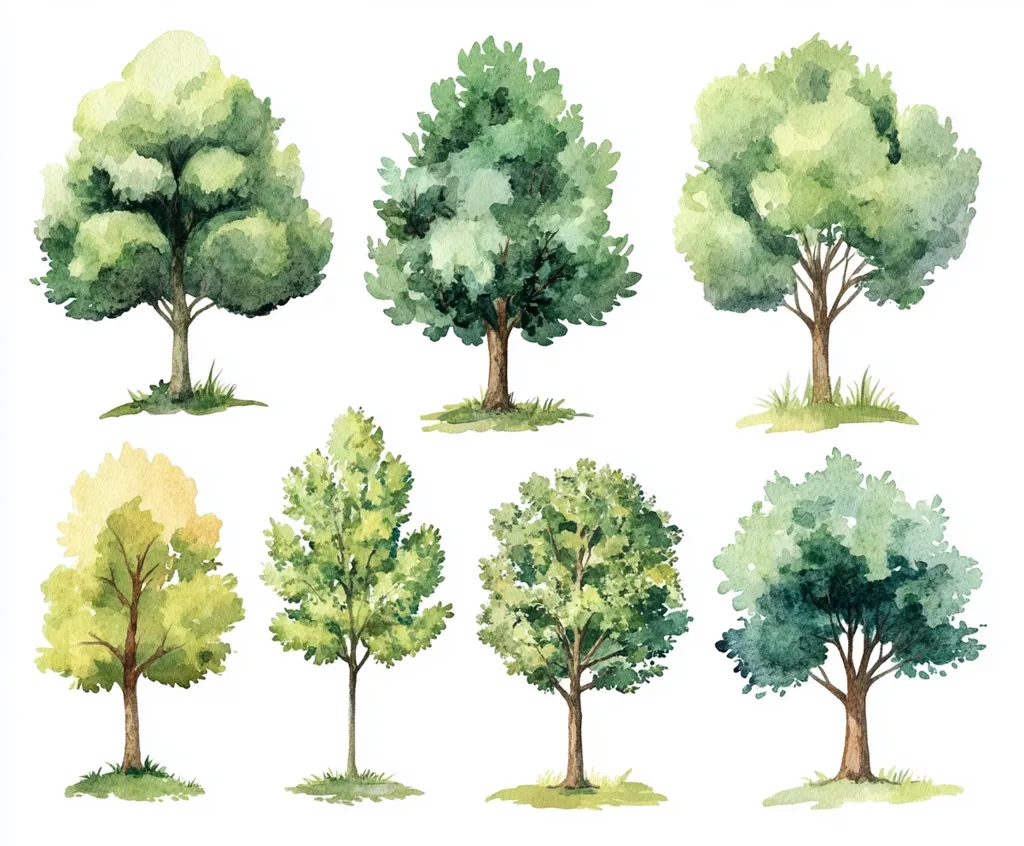 The image depicts seven watercolor paintings of trees, each with its own unique shape and shade of green. The trees stand against a white background, their leaves rendered with delicate strokes. The paintings capture the essence of different tree types, showcasing their natural beauty and diversity.