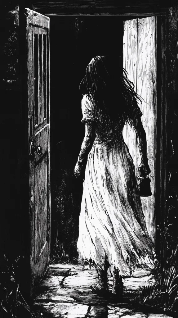 The image is a black and white illustration of a woman in a long dress standing in a doorway. The woman is facing away from the viewer and has long hair. She is holding a lantern in her right hand. The door is open and the doorway is dark. The woman's dress is flowing and her hair is blowing in the wind. The background is dark and shadowy. The image creates a sense of mystery and intrigue.