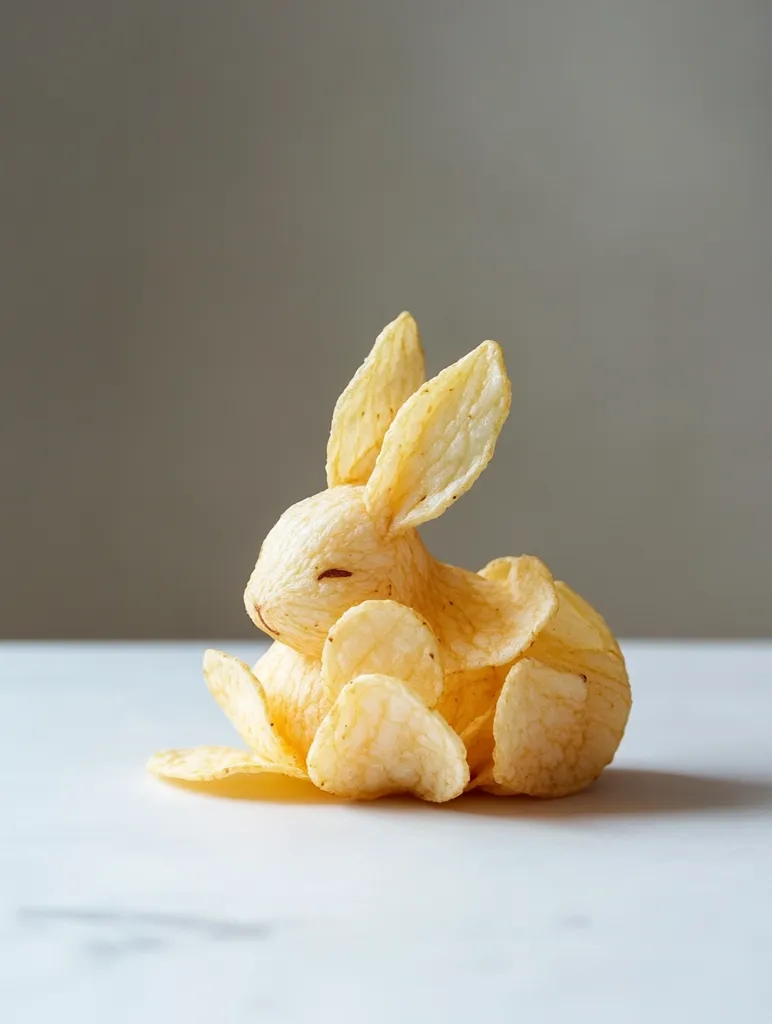 A cute rabbit is made entirely out of potato chips. The rabbit has long ears and a small body made of stacked chips. It is sitting on a white surface. The chips are a light brown color and have a slightly rippled texture. The image is both whimsical and humorous.