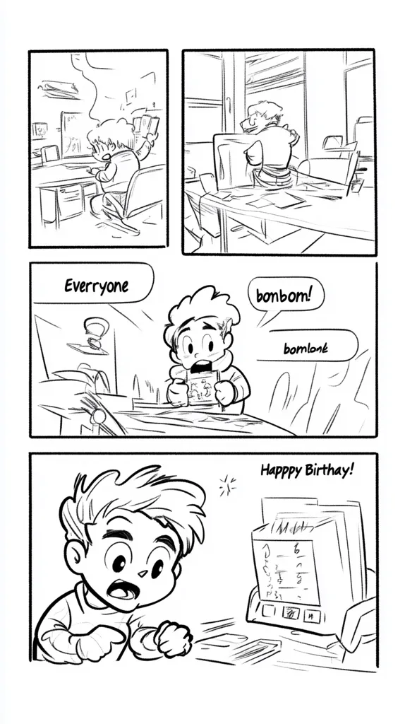 The comic strip shows four panels. The first two panels show a young person working on a computer, the third shows a young person holding a birthday card and saying "bom bom", and the final panel shows a young person looking at a computer with a birthday message on the screen.  The comic is about celebrating a birthday.