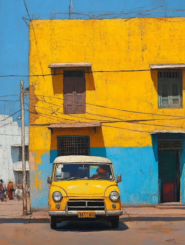 A bright yellow vintage van sits parked in front of a vibrantly colored building. The building's facade is primarily yellow with a blue stripe running along the bottom. The van has a white roof and is slightly angled towards the viewer. The scene is filled with a warm, sunny atmosphere, creating a sense of nostalgia and tranquility.