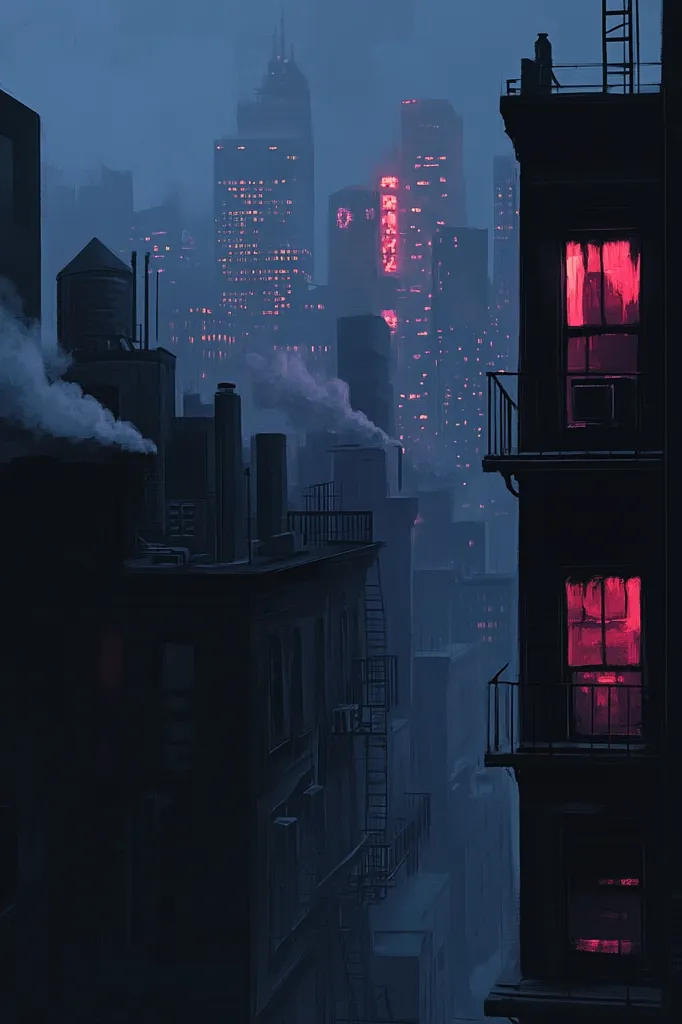 The image depicts a city skyline at night, with tall buildings and a hazy atmosphere. The buildings are dark and shadowy, with only a few windows glowing with warm light. The scene is quiet and serene, with a sense of mystery and intrigue. The focus is on the narrow alleyway between the buildings, which is illuminated by the faint glow of the city lights. The overall mood is melancholic and atmospheric.