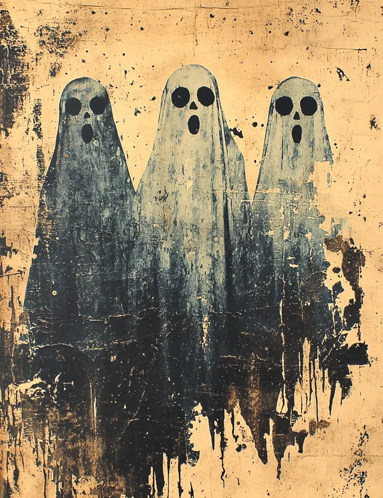 Three ghostly figures, with black eyes and mouths, stand in a row on a  tan, grunge textured background.  They are outlined in black with dark blue shading,  and dripping black paint trails down the background.