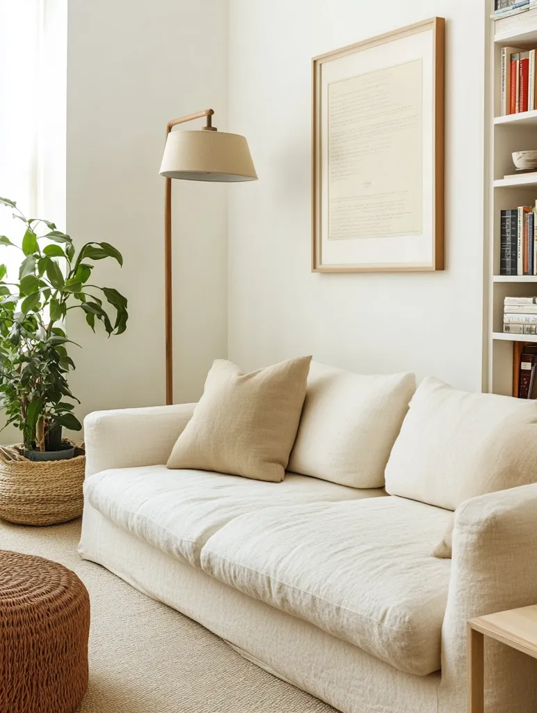 A minimalist living room with a white linen sofa, two matching throw pillows and a wooden floor. A large framed artwork hangs on the wall above the sofa. A floor lamp with a linen shade stands to the left of the sofa. A potted plant sits in a woven basket. An ottoman sits to the left of the sofa, and a wooden table sits to the right.