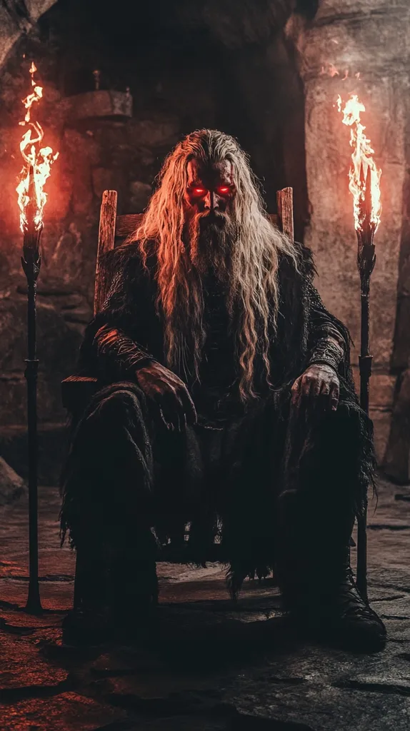 A man with long white hair and a beard sits in a wooden chair, his red eyes glowing in the dim light. He wears dark clothing and is illuminated by two torches on either side. The setting is dark and mysterious, suggesting an ominous or supernatural presence.  The man's expression is unreadable, adding to the sense of mystery.  The scene is filled with a sense of power and intrigue.