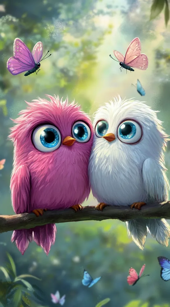 Two fluffy birds, one pink and one white, sit side-by-side on a branch. They have large, blue eyes and are looking in different directions. Several butterflies with pink and blue wings flutter around them in a blurry green forest background. The overall scene is whimsical and sweet.