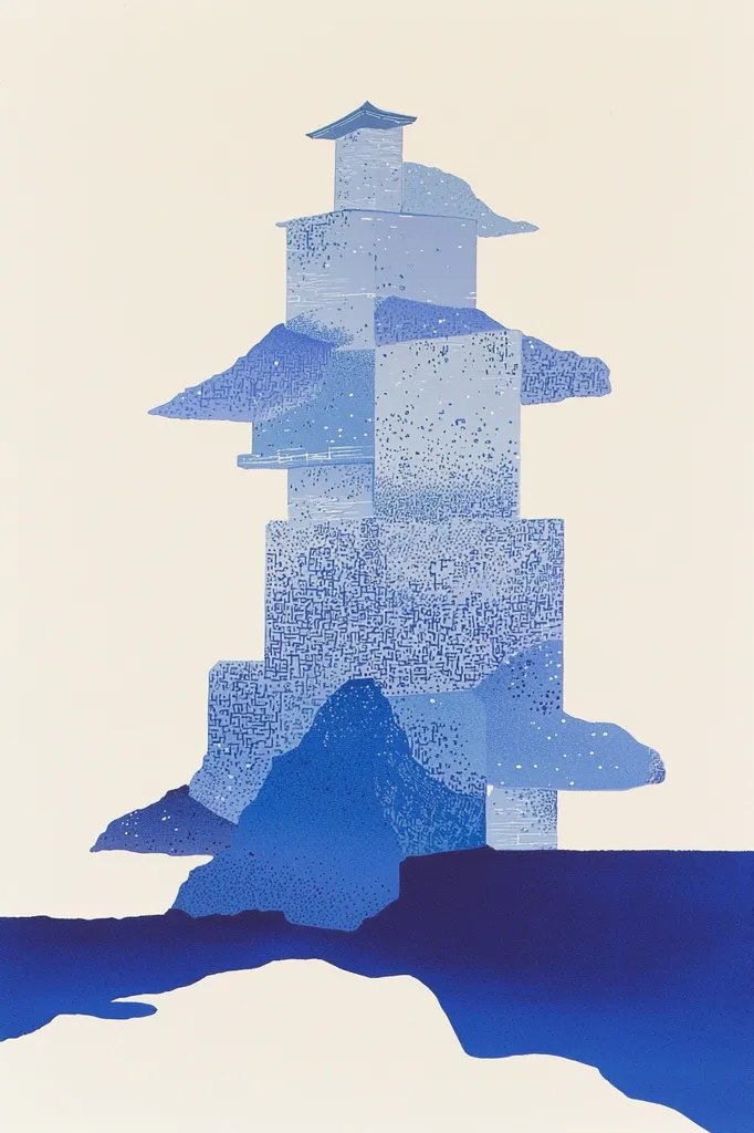 The image depicts a stylized, abstract landscape rendered in shades of blue.  A towering, layered structure, reminiscent of a castle or skyscraper, dominates the center. It is composed of geometric shapes and intricate patterns, suggesting a complex urban environment.  The base of the structure rests upon a series of stylized mountains and a large body of water.  The overall impression is one of mystery and otherworldliness, with a surreal and dreamlike quality.