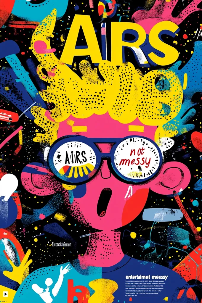 The image is a colorful and abstract design. It features a cartoon character with a pink face, yellow hair and large blue glasses that read "AIRS" and "not messy". The background is a dark black with splashes of bright colors, including blue, red, yellow, and green. The text "Entertainment Messy" is in the bottom right corner.