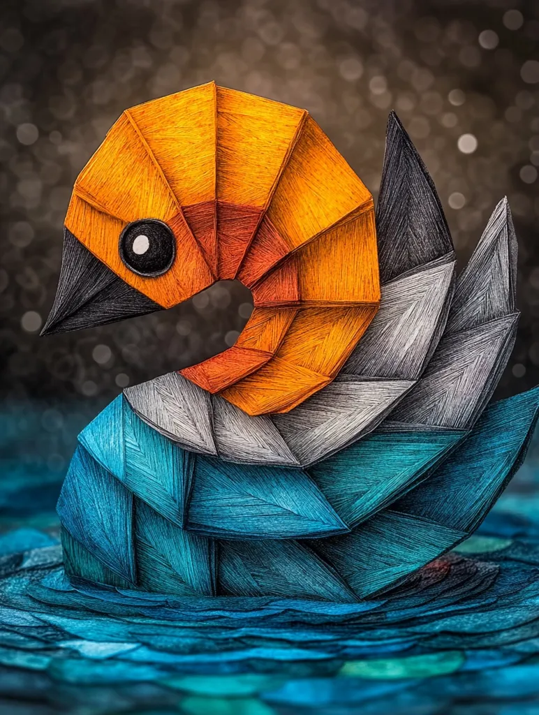 A swan made of thread sits on a blue water surface. The swan's body is composed of different colors: orange, red, gray, and blue. The swan's head is turned to the side, and it has a black beak and a large, round black eye. The background is blurry and out of focus. The image is a unique and beautiful representation of a swan.