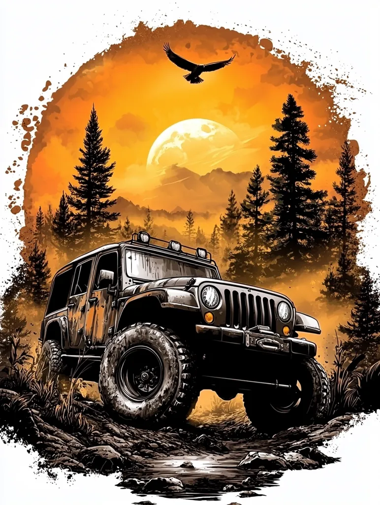 A rugged, black Jeep drives through a muddy, rocky terrain with a large tire in focus. The background depicts a sunset over a mountain range, with tall trees silhouetted against the orange sky. An eagle flies overhead. The image captures the spirit of adventure and exploration in a picturesque setting.